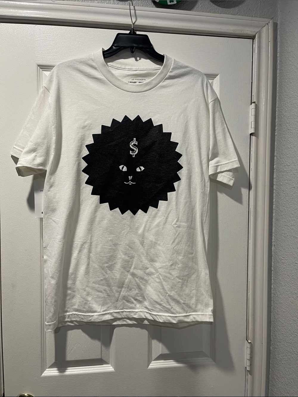 White Graphic Tee with Black Sun Cat Design